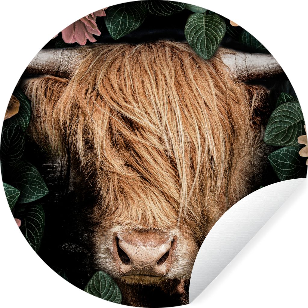 MuchoWow Runde Wandtattoo - Wandsticker Tapete Aufkleber Schottischer Highlander - Blumen - Kuh Ø 30 cm Selbstklebend und Repositionierbar - Wan...