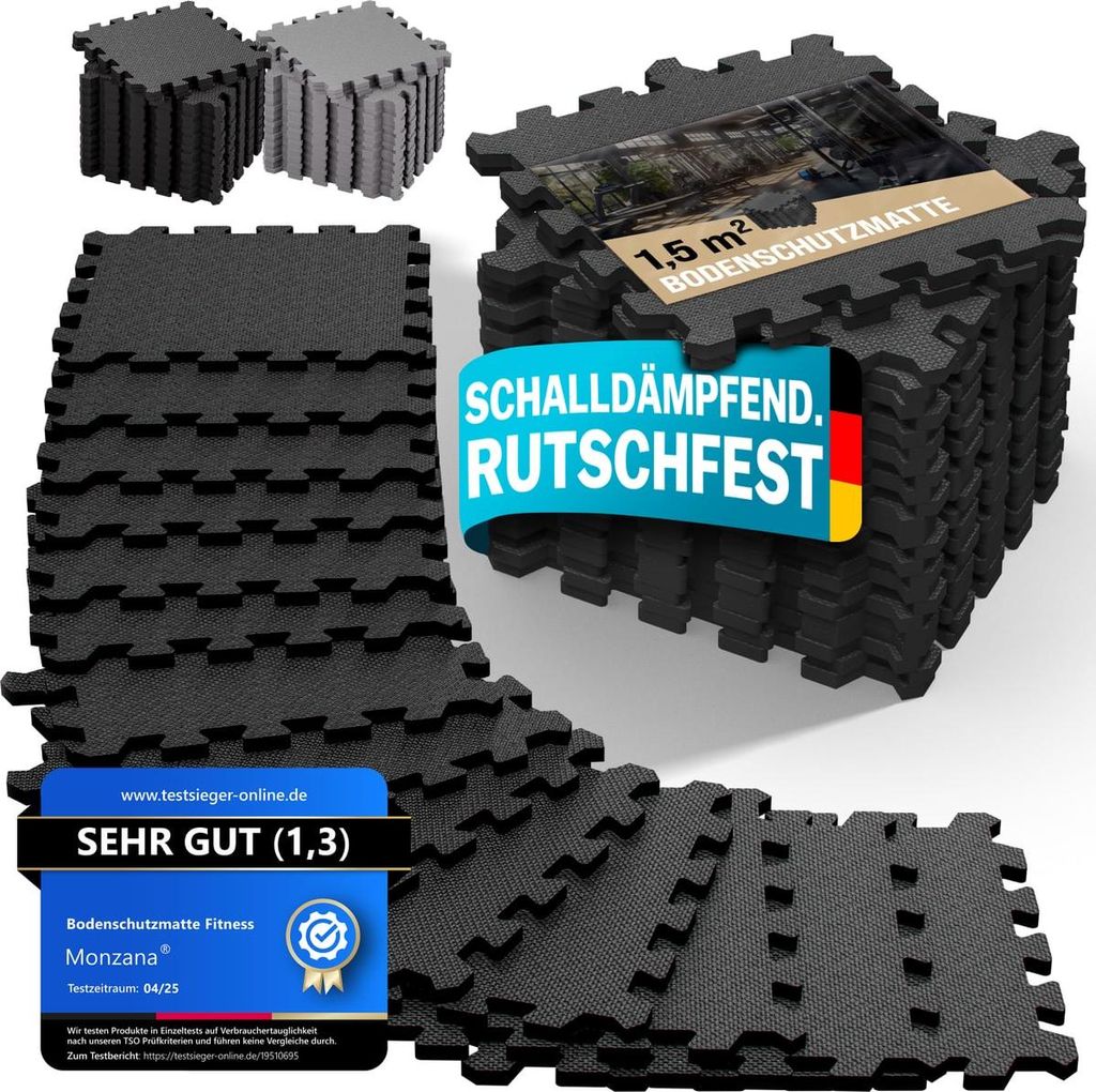 MONZANA 18x Bodenschutzmatten Fitness & Pool mit Randstücken 30 x 30 cm 1,5 qm Rutschfest EVA-Schaumstoff Puzzlematte Trainingsmatten Fitnessger...