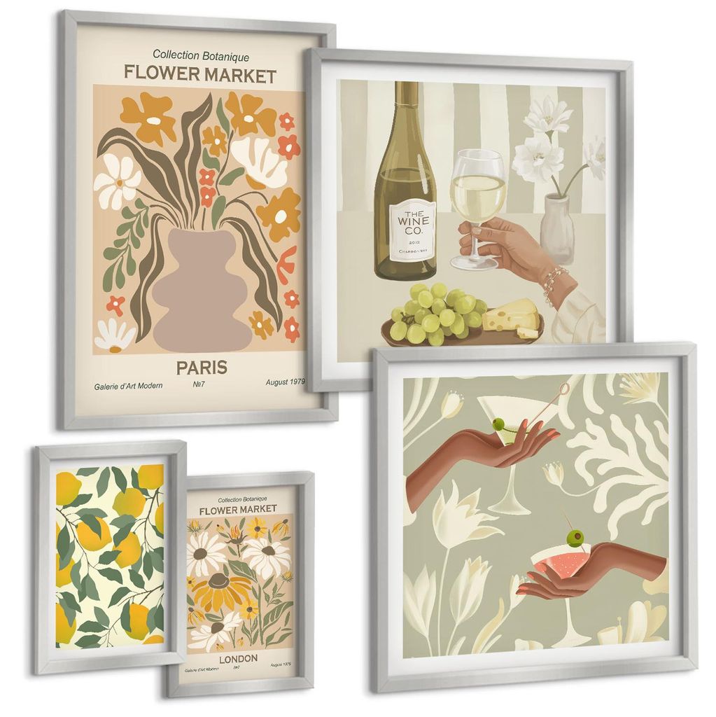 Bilder Set 5-teilig im silbergerahmten Rahmen – Wandbilder 5 Stück – gerahmte Poster für Wohnzimmer, Schlafzimmer und Flur – 50x50 cm - 40x...