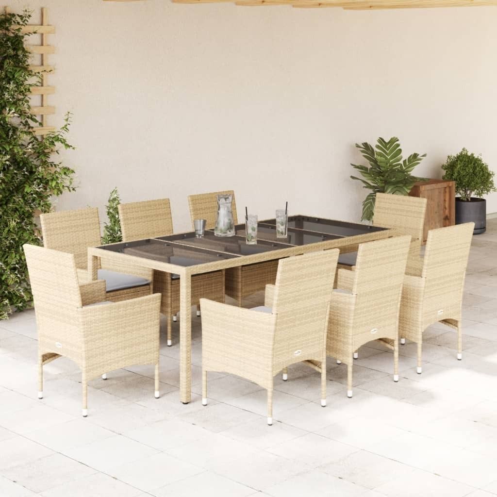 Design 9-tlg. Garten-Essgruppe mit Kissen Beige Poly Rattan Glas, Gartenmöbel-Sets 2024 Neu