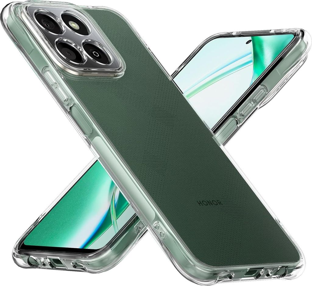 Two transparent phone cases with green inserts are arranged in an X shape, showcasing the camera module and the phone screen.