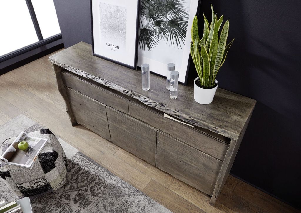MASSIVMOEBEL24 Sideboard Akazie 191x45x96 grau lackiert PURE ACACIA #402