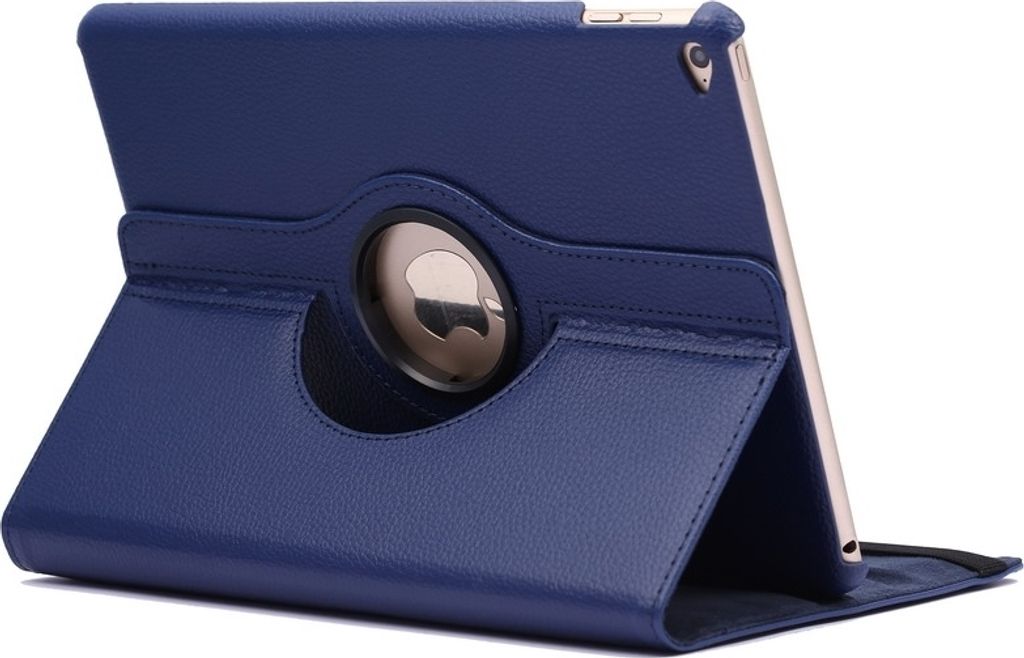 A dark blue iPad case with a rotating stand is shown against a white background.