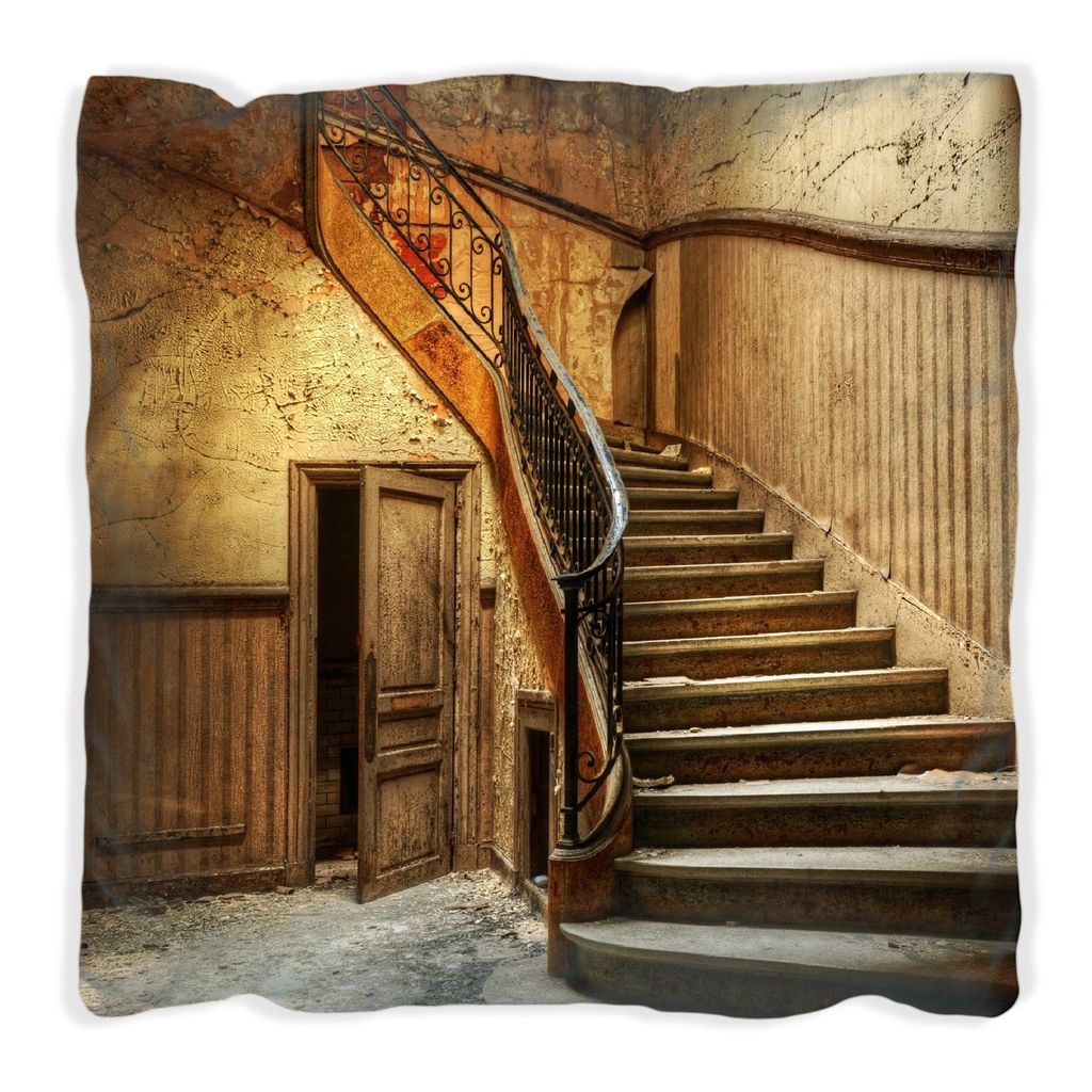 Wallario Premium Kissen, weiche Oberfläche, mit Motiv Rustikale Holztreppe, Größe: 30 x 30 cm, mit weißer Rückseite