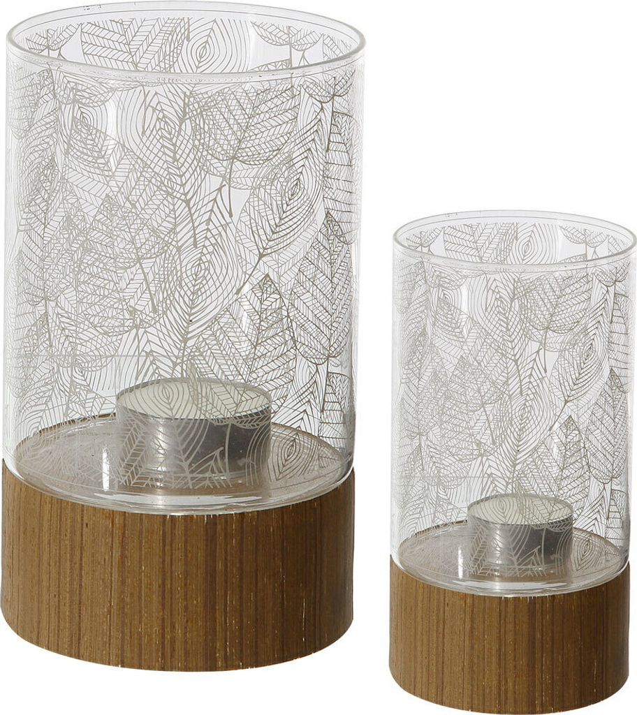 Teelicht Windlicht Kerzenlicht Glas mit Blatt Blätter Motiv weiß und Holzoptik Ø 9 cm - Höhe ca. 15 cm