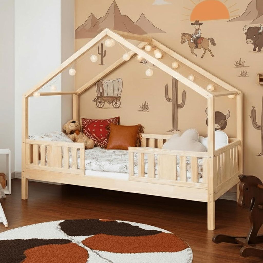 MEBLE WRÓBEL Kinderbett 90x190 cm – Bett mit Rausfallschutz & Lattenrost - Hausbett aus Kiefer Unlackiert - Kleinkindbett für Jungen & Mädchen...
