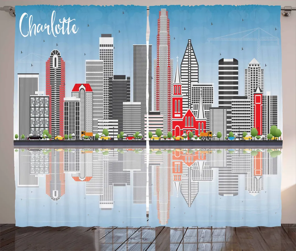 ABAKUHAUS North Carolina Tenda rustica, Charlotte Skyline, Tenda con passanti e ganci per camera da letto, 280 x 175 cm, blu, grigio chiaro, corallo
