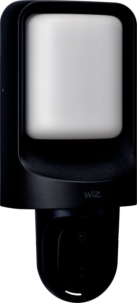 A black outdoor wall light with a camera attached to the bottom, set against a white background.