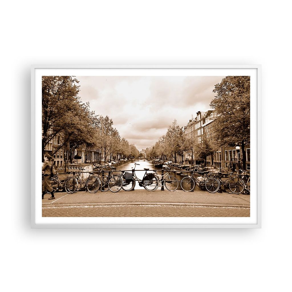 Gerahmtes Poster - Weißer Rahmen - Kanal Fahrräder Amsterdam Zentrum - 100x70 cm - Wand Bild - Wanddeko - Wandbilder - Wandposter - Bilderrahmen ...