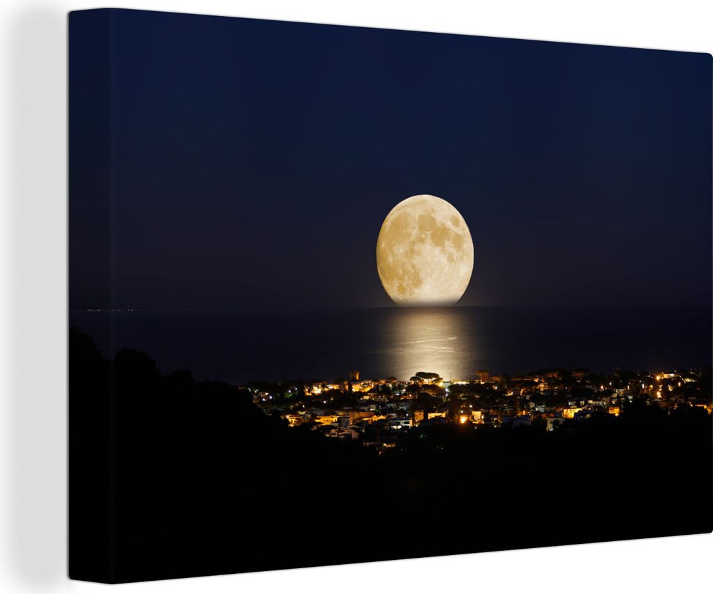 OneMillionCanvasses - Leinwandbilder - 140x90 cm, Mond - Meer - Stadt, Wandbilder Kunstdruck Wanddekoration - Foto auf Leinwand - Gemälde auf Ho...
