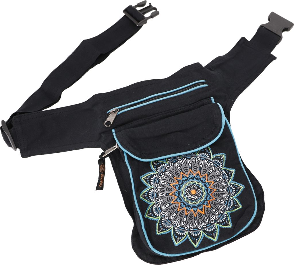 Stoff Sidebag & Hüfttasche Mandala, Goa Gürteltasche, Bauchtasche aus Nepal - Schwarz/türkis, Uni - Erwachsene, Baumwolle, 25*20*4 cm, Festival-...