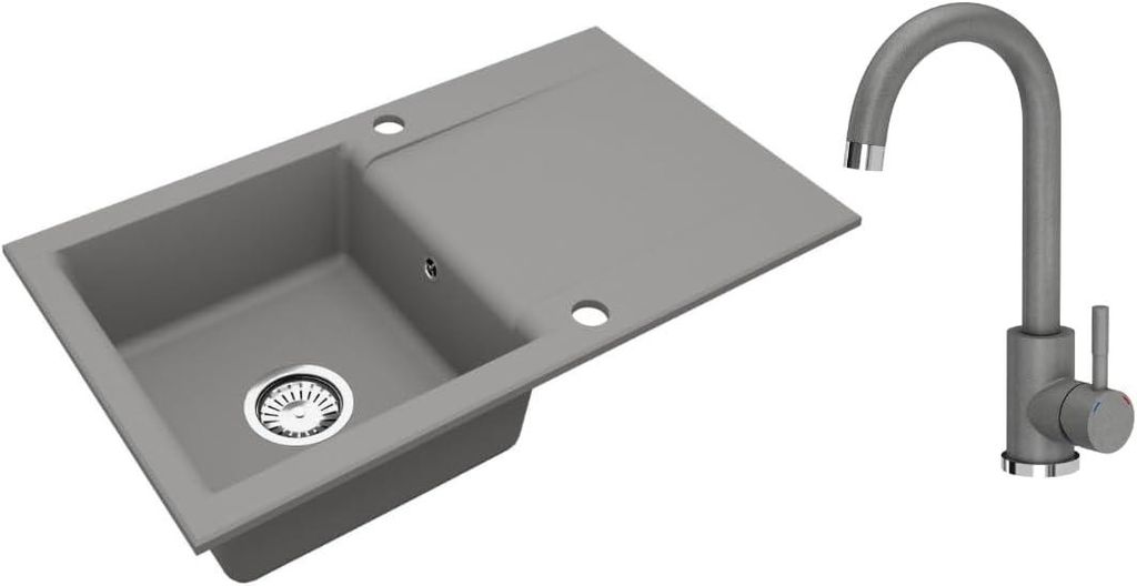 VBChome Granitspüle 76 x 44 cm Grau mit Armatur Einzelbecken Einbauspüle Reversibel Gesprenkelt Pflegeleichtes Spülbecken mit Siphon