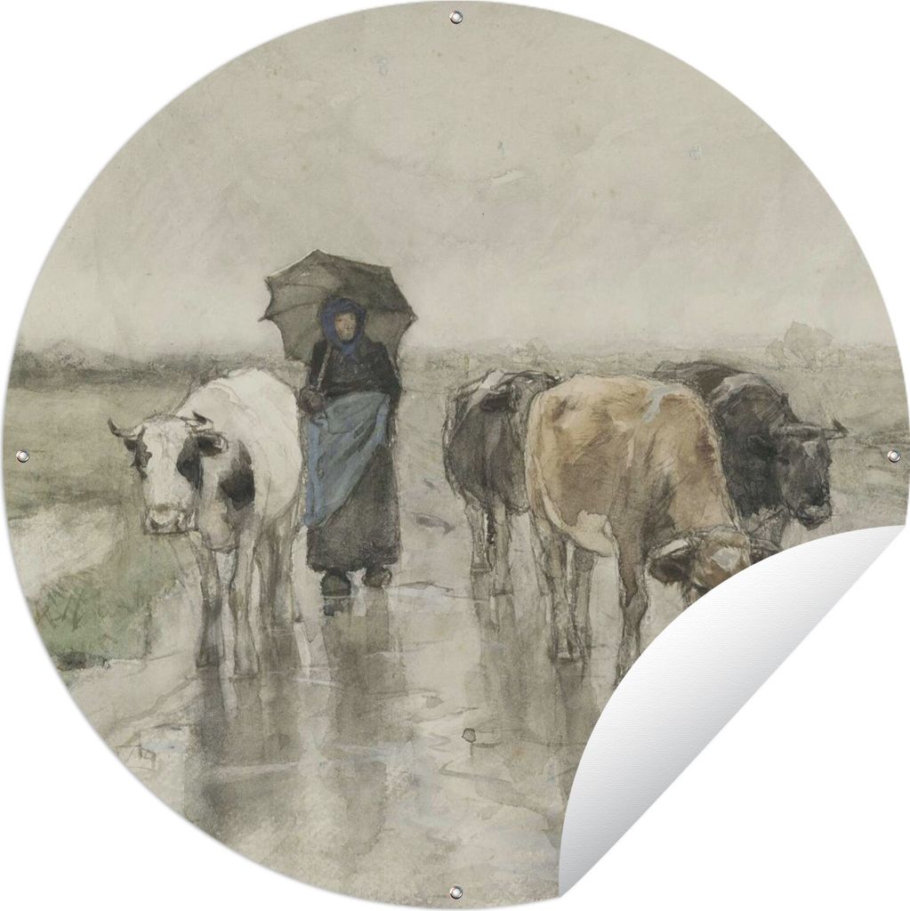 MuchoWow Gartenposter Outdoor-Poster Rund Eine Bäuerin mit Kühen auf einer Landstraße im Regen - Gemälde von Anton Mauve Ø 150 cm Gartendeko...