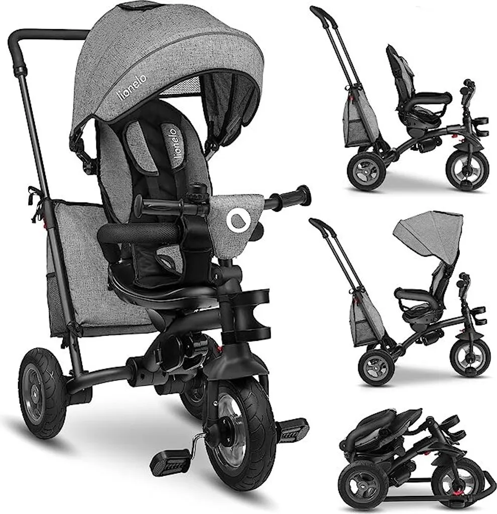 Tricycle enfant pliable Lionelo Tris Gris avec roues increvables et harnais