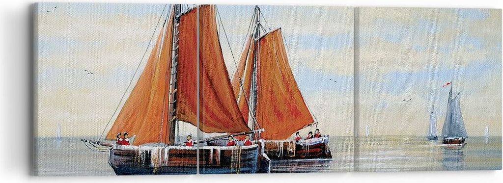 Bild auf Leinwand - Leinwandbild - 3 Teile - Segelschiffe Öl Orange - 90x30cm - Wand Bild - Wanddeko - Wandbilder - Leinwanddruck - Bilder - Wandd...