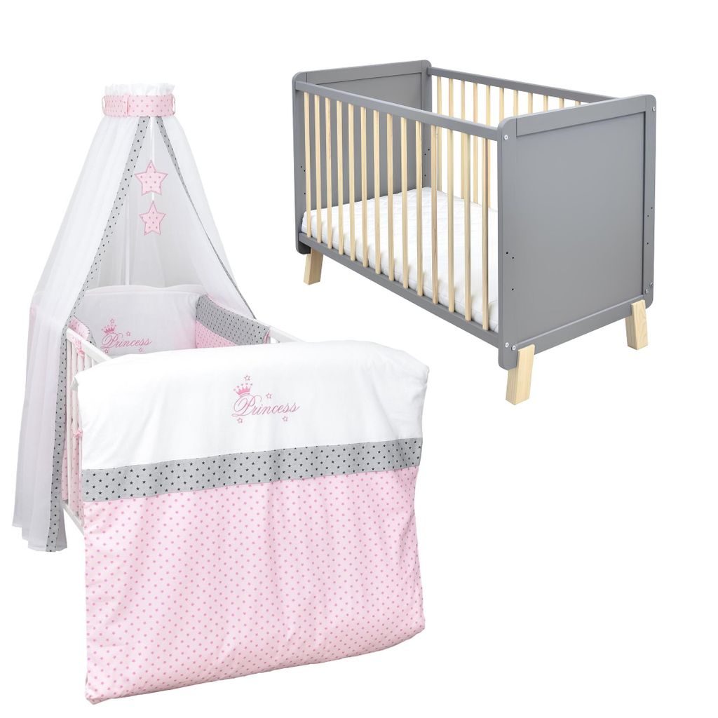 Babybett Kinderbett Gitterbett Lou 60x120 Grau Natur Schutzgitter Matratze Bettwäsche Set 10tlg Princess Stars
