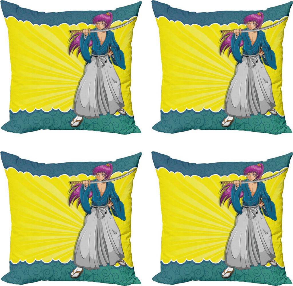ABAKUHAUS Anime Kissenbezug Set (4 Stück), Mangastil Samurai Girl, Moderner Doppelseitiger Digitaldruck, 40 cm x 40 cm, Mehrfarbig
