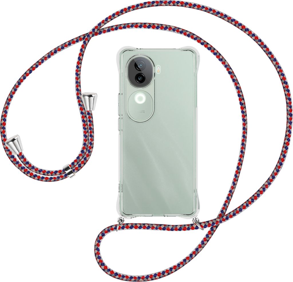 Handykette Backcover-Schutzhülle mit Band (Metall silberfarben) für Vivo iQOO Z9S 5G - silber/blau/rot