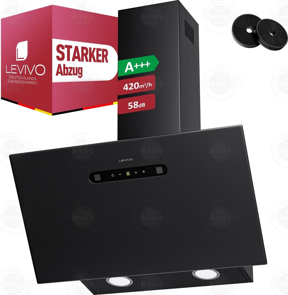 LEVIVO A+++ Kopffreie Dunstabzugshaube 60cm Umluft & Abluft mit 420 m³/h Luftleistung, 3 Stufen & Booster, 2 LEDs, Abzugshaube mit 2 Aktivkohlefil...