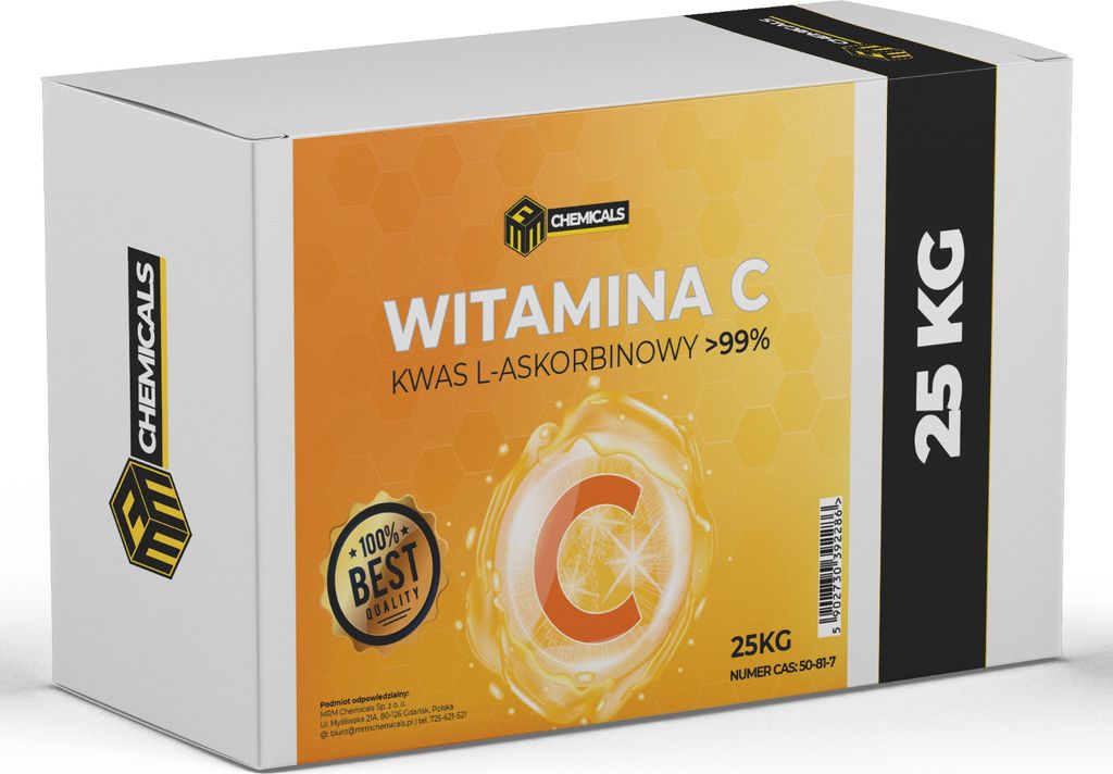 MRM CHEMICALS Vitamin C Pulver 25 kg Reine L-Ascorbinsäure ohne Zusatzstoffe, Antioxidantien Lebensmittelqualität E300, für Pool Schwimmbecken