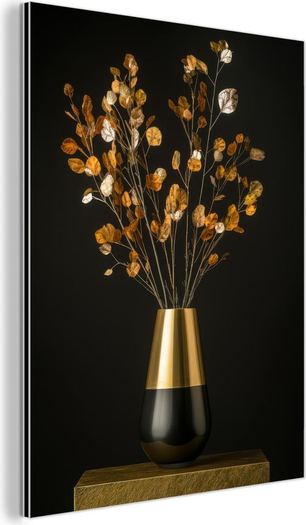 MuchoWow Wanddekoration Metall Metallbild Wandkunst 90x120 cm Goldbraun - Blätter - Vase - Herbstlich MuchoWow Aluminium Gemälde - Industrial