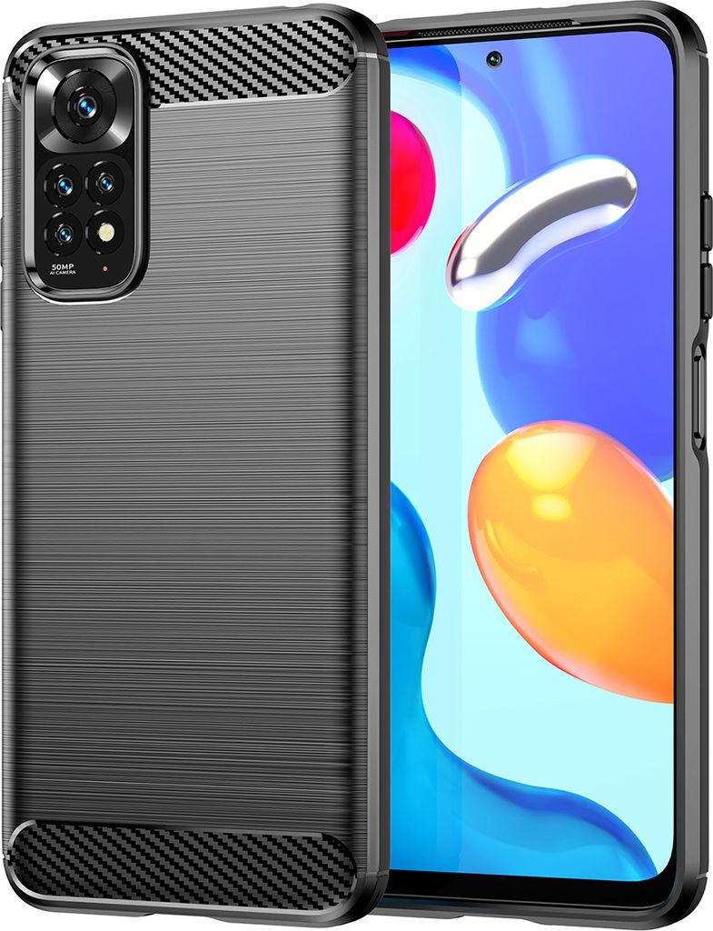 Redmi Note 11S Hülle, Carbon-Faser TPU Silikon Stoßfest Schutzhülle für Xiaomi Redmi Note 11 4G / Note 11S Schwarz