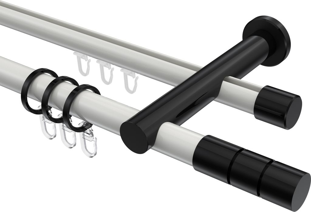 Interdeco Rundrohr-Innenlaufstange / Gardinenstange (Kombination) Weiß / Schwarz, Typ Platon Elanto (Rillenzylinder), 20 mm Ø 2-läufig, 220 cm