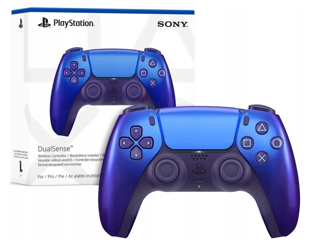 A Sony PS5 DualSense controller is shown in its packaging.