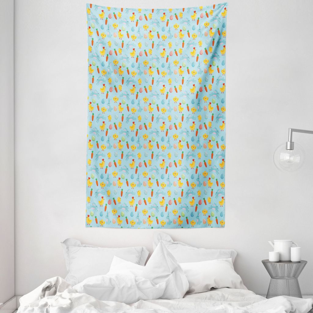 ABAKUHAUS Ostern Wandteppich und Tagesdecke, Eier Küken Hühner Kaninchen aus Weiches Mikrofaser Stoff Waschbar ohne Verblassen Digitaldruck, 140 ...