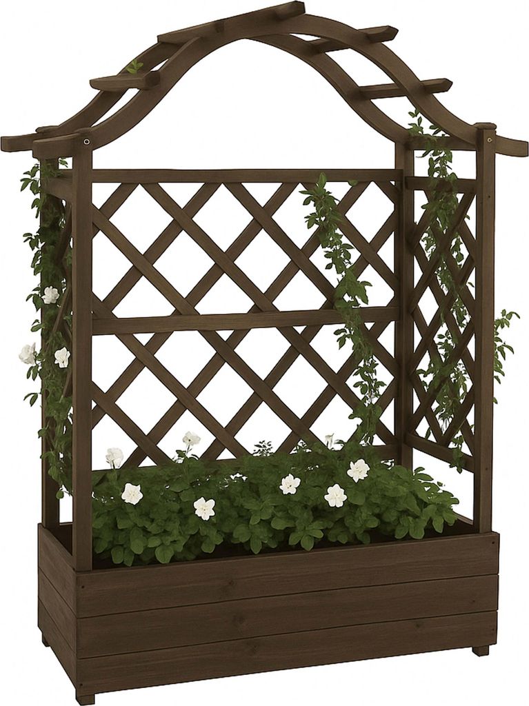 Hochbeet MCW-P66, Pflanz-/Blumenkasten Pflanzkübel Rankgitter Rankhilfe Spalier Holz MVG 138x110x44cm braun