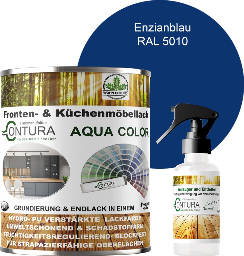 750ml. + Anlauger - Contura Küchenmöbellack RAL Möbellack SEIDENMATT SET Möbelfarbe Holzlack Buntlack Küchenlack - RAL 5010 Enzianblau