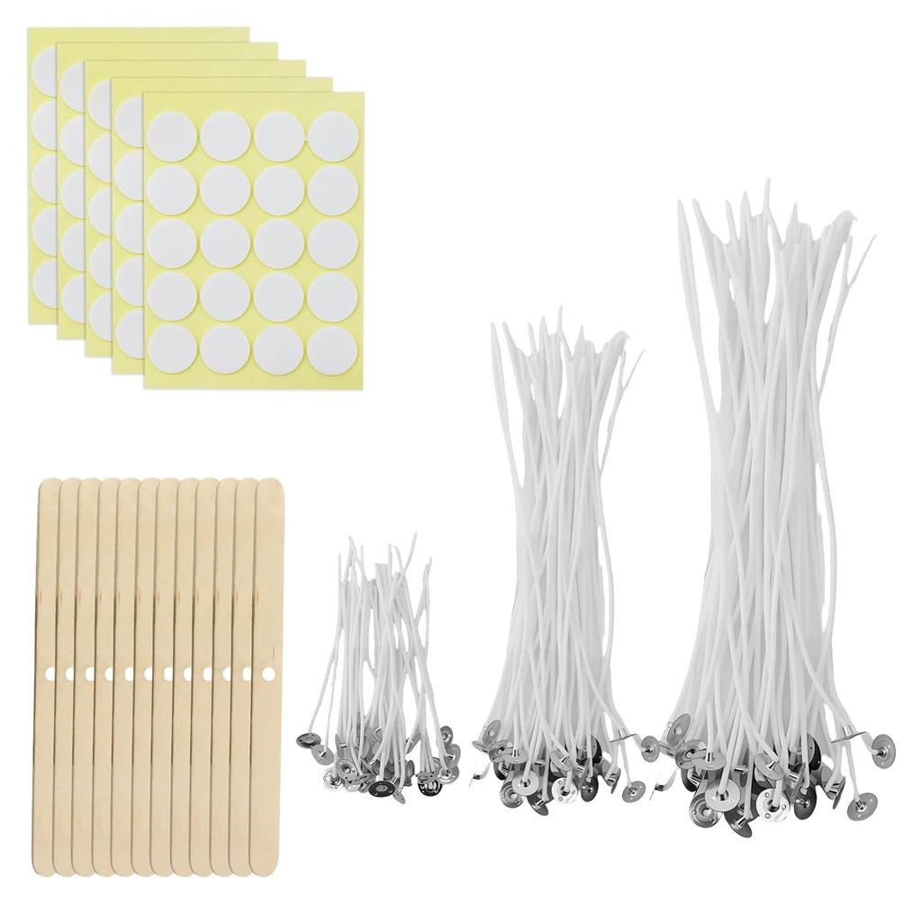 120 Kerzendochte, 10 cm/15 cm/20 cm lang, aus natürlicher Baumwolle mit Holzdochthaltern und doppelseitigen Dochtklebestreifen zur Kerzenherstellung