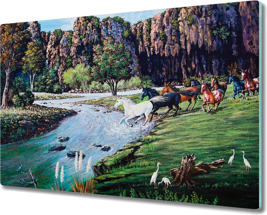 Coloray Hackbrett Herdabdeckplatte 80x52 cm Küchenbrett Kochplattenabdeckung Schneidebrett - Bergpferde Fluss Baum