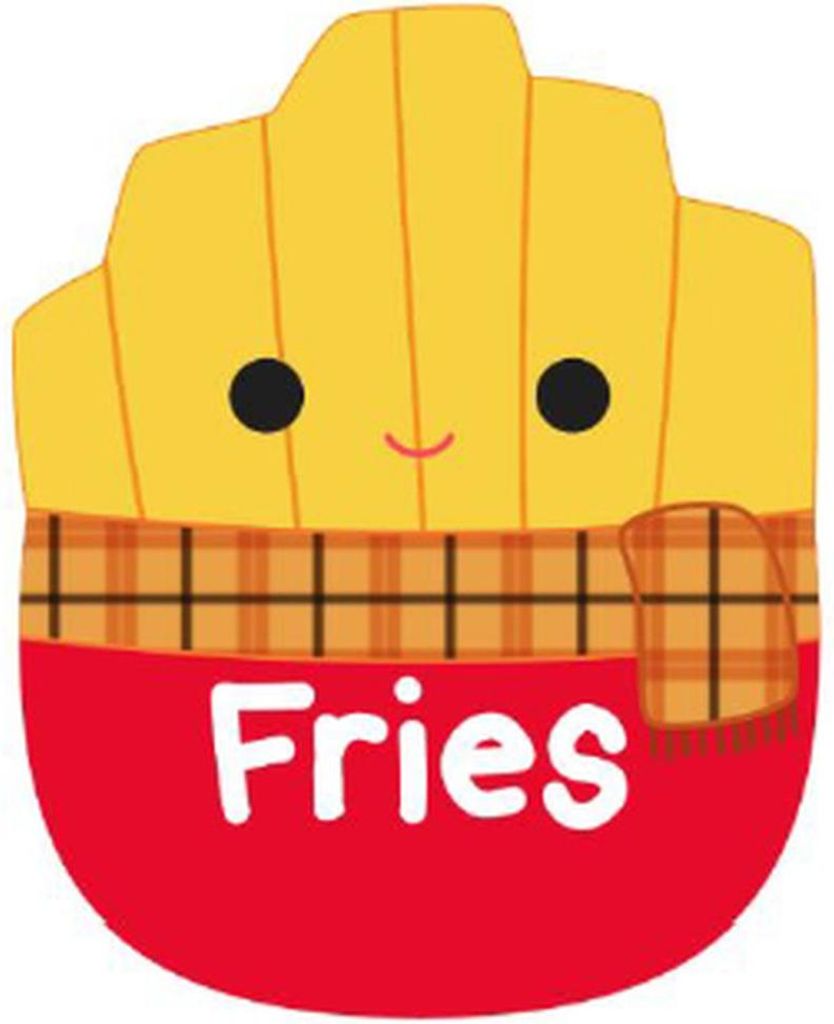 A cartoon illustration of a plush toy shaped like a box of french fries.