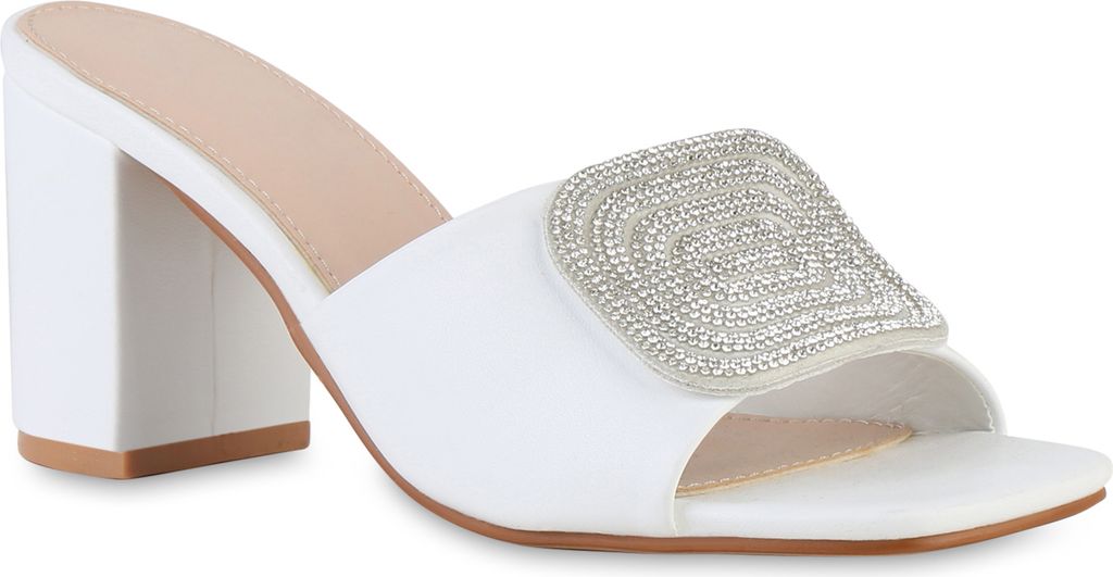 VAN HILL Damen Pantoletten Sandaletten Strass Absatz-Schuhe 841538, Farbe: Weiß, Größe: 40