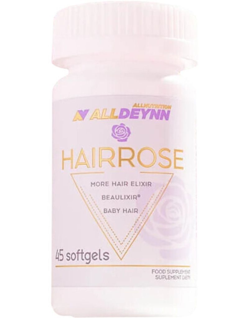 A white bottle of AllNutrition HairRose softgels against a white background.