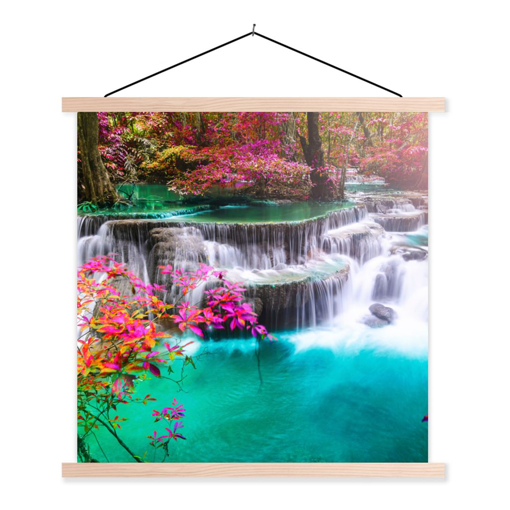 MuchoWow Textilposter Wasserfall - Sonne - Bäume - Regenbogen - Natur 40x40 cm mit holzfarbenen Rahmen - Posterleiste