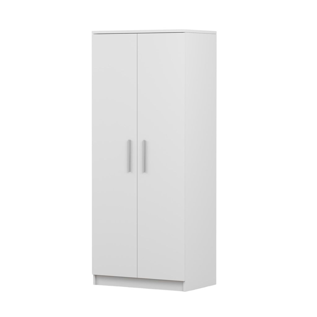 A white two-door wardrobe standing in the center of a white background.