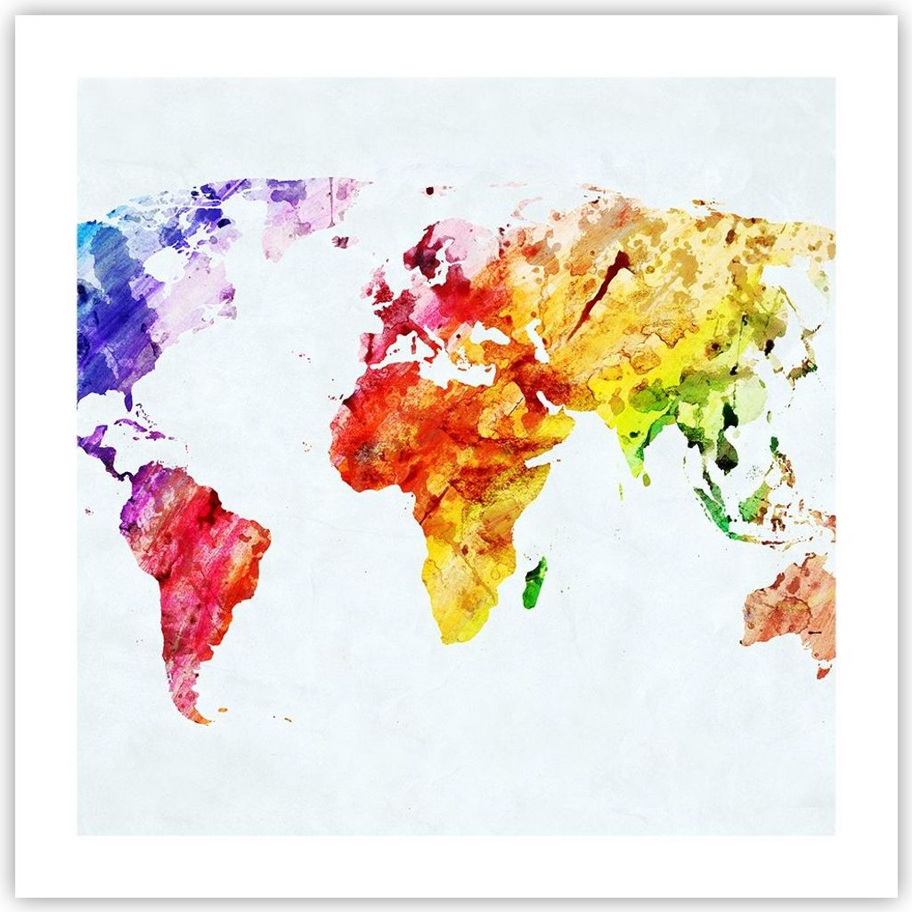 Poster - Poster ohne Rahmen - Welt Karte Bunt Kontinente - 50x50 cm - Wand Bild - Wanddeko - Wandbilder - Kunstposter - Wandposter - Bilder - Kunst...