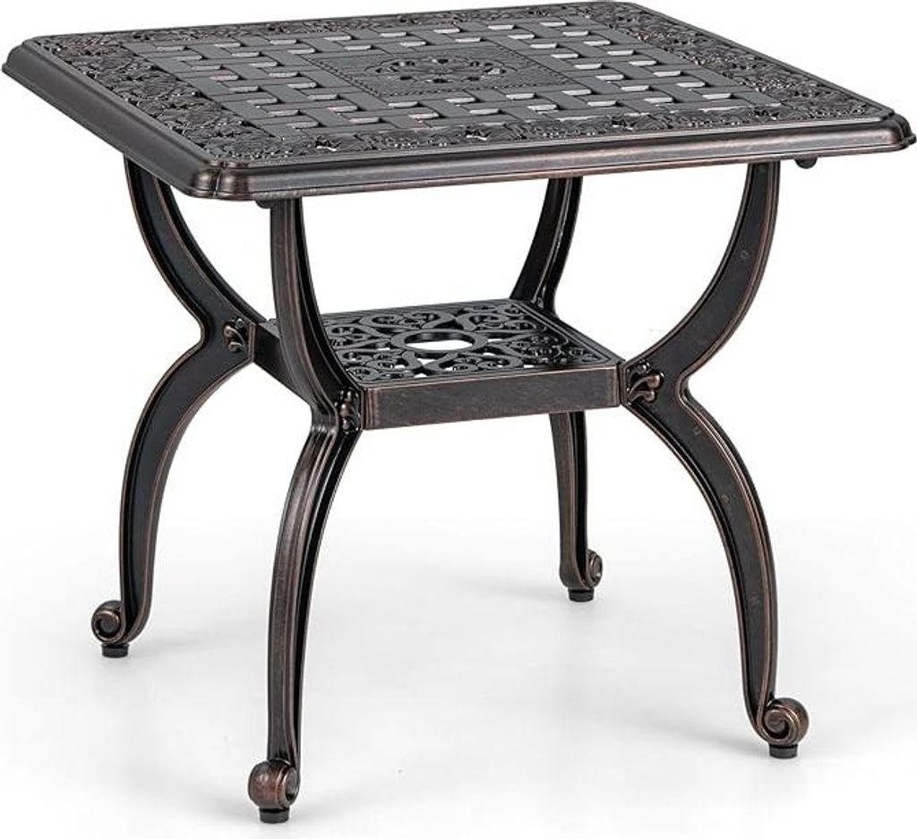 Garten-Kaffeetisch, Gartentisch aus Aluminiumguss mit hohlem Schnitzdesign, elegantes Blumenmuster, 2-stufiges Ablagefach, quadratischer Beistelltisch