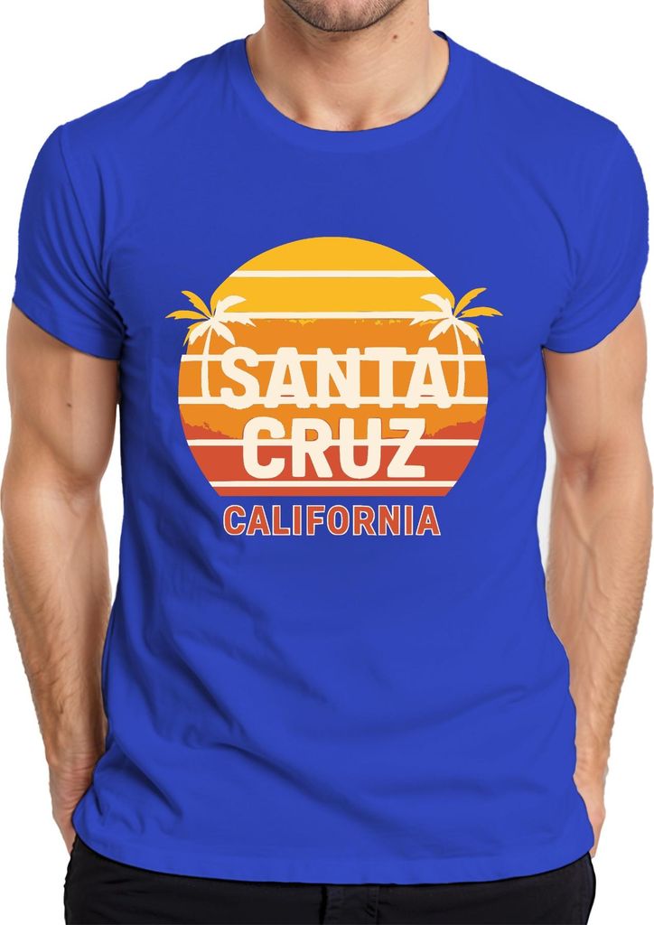 Santa Cruz Kalifornien Sonnenuntergang Palmen Surfen Retro Strand Herren T-Shirt, Blau, XXL