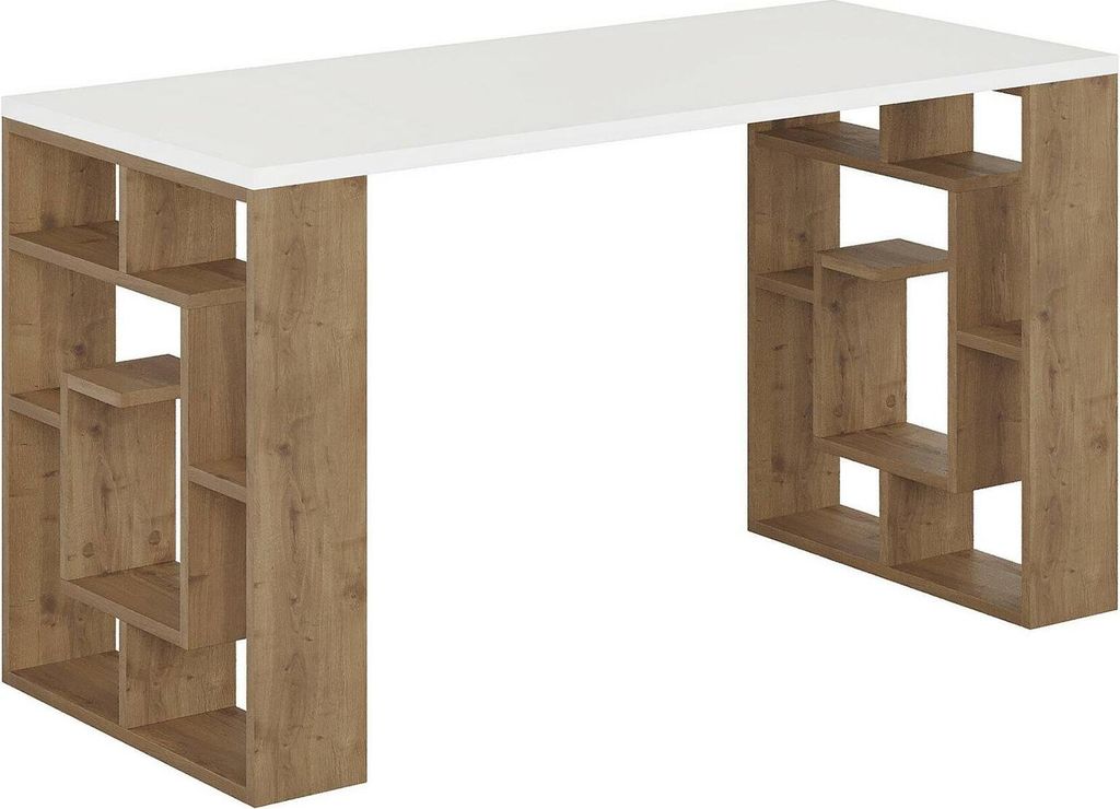 Schreibtisch Kallisto, Mehrzweckschreibtisch, Bürotisch für PC, Eckschreibtisch, 140x60 h75 cm, Weiß und Braun