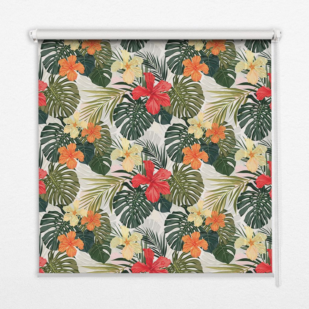 Seitenzug-Rollo Fensterrollo Jalousie - Lichtdurchlässig Springrollos - 110x140 cm - Tropische Blumen und Blätter