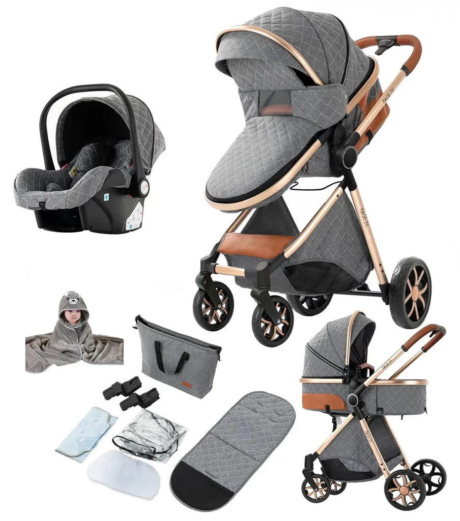 Poussette de voyage convertible 3-en-1 grise, idéale sorties en ville