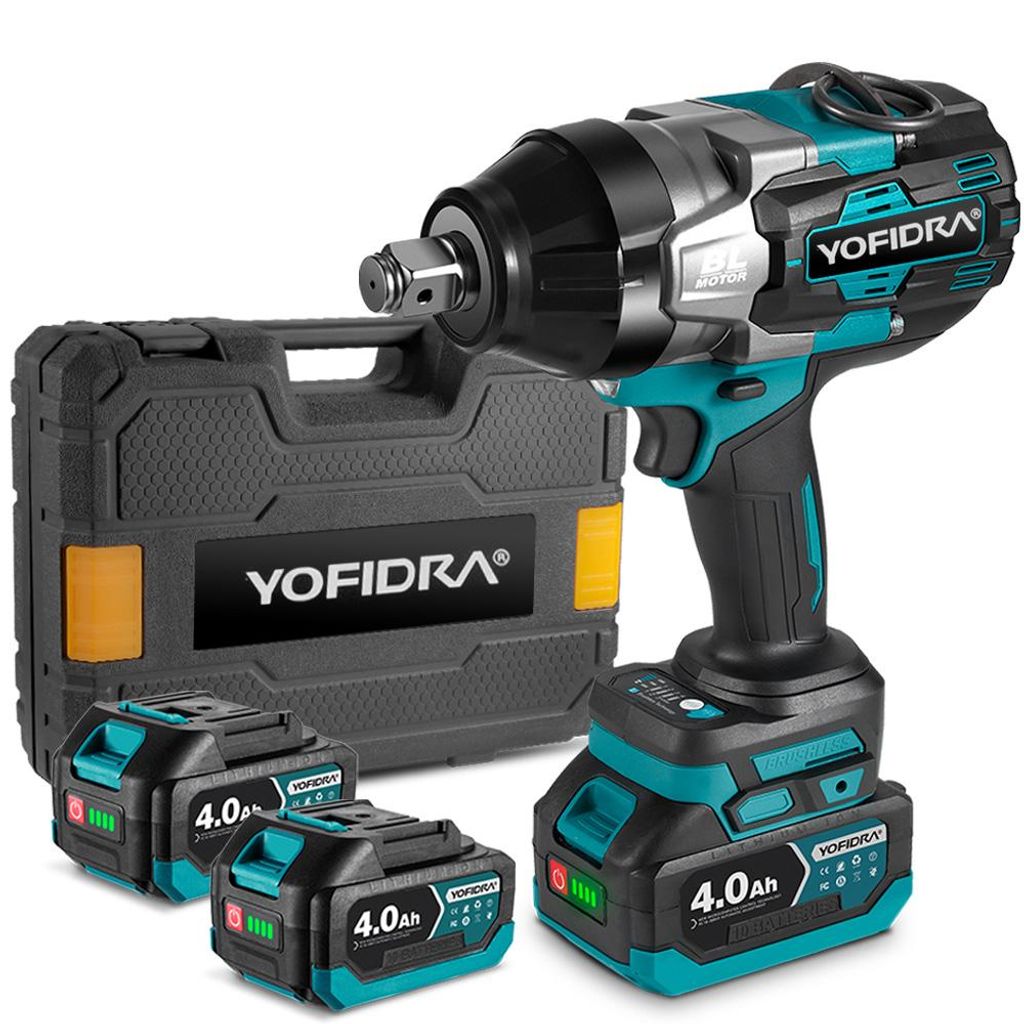 A cordless impact wrench kit with two batteries and a carrying case.