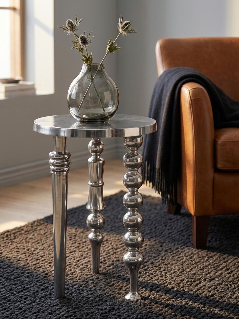 Beistelltisch 44x44x63 cm Aluminium mit drei verschiedenen Beinen, Dreibein Wohnzimmertisch Metall, Dekotisch Rund Silber, Alu-Abstelltisch Modern,...