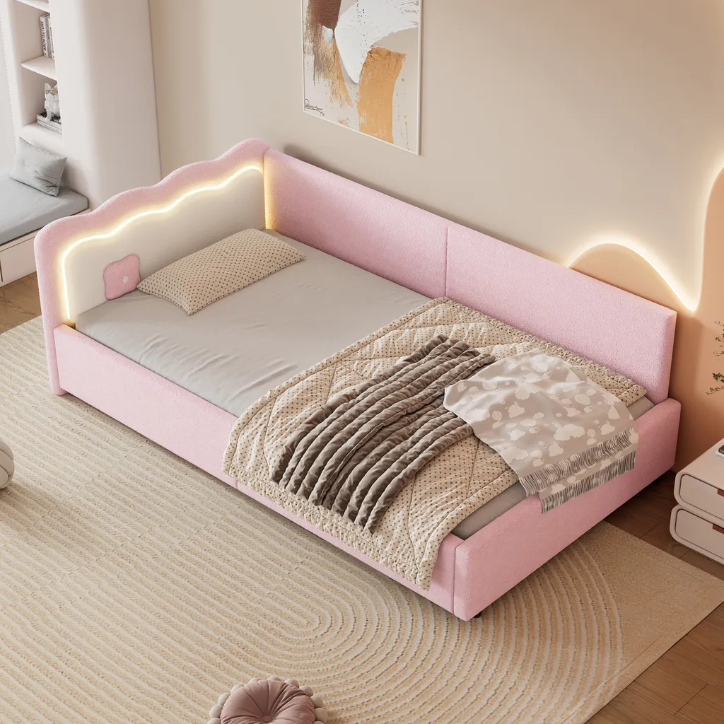 MODFU Canapé-Lit Simple 90x200 avec LED en Vliesimitat Rose Modèle M18