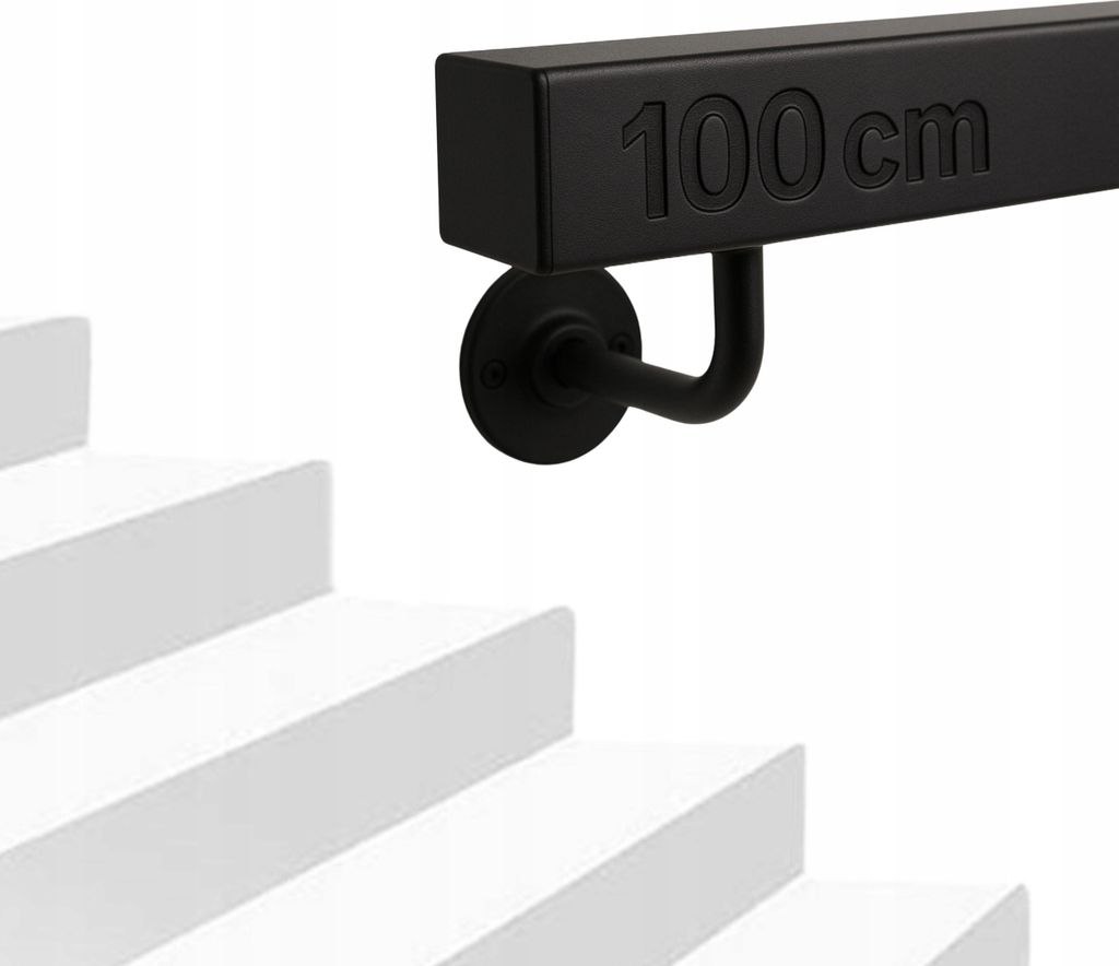A black metal handrail with "100 cm" embossed on it, mounted on a white wall above white stairs.