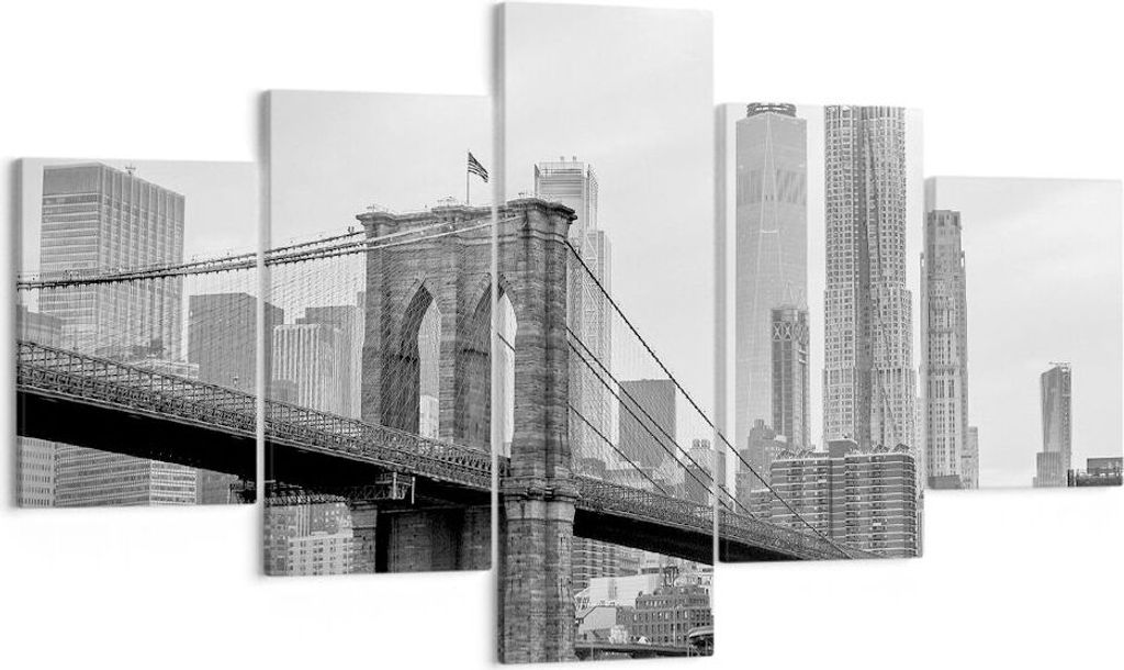 Bild auf Leinwand - Leinwandbild - 5 Teile - Brücke Brooklyn schwarz und weiß - 125x70cm - Wand Bild - Wanddeko - Wandbilder - Leinwanddruck - Bi...