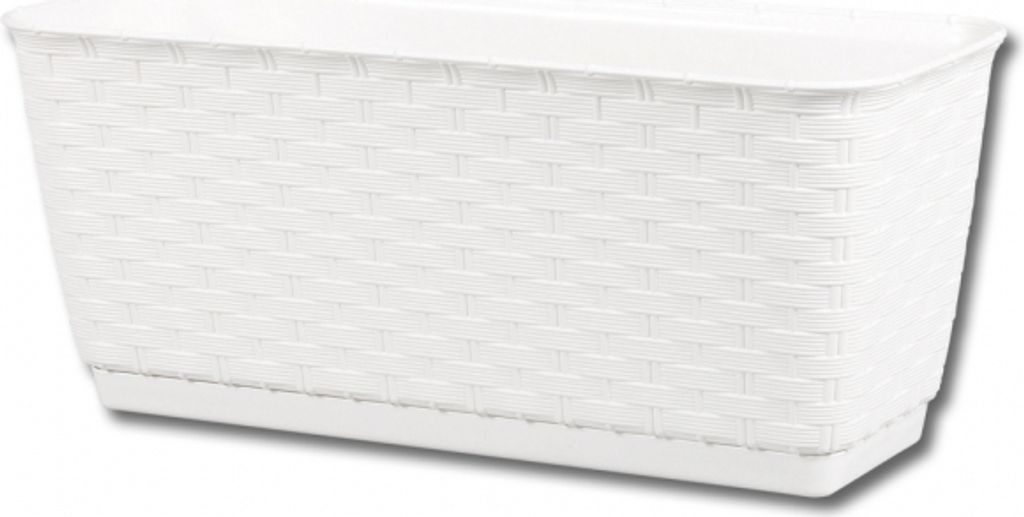A white rectangular planter with a woven texture.